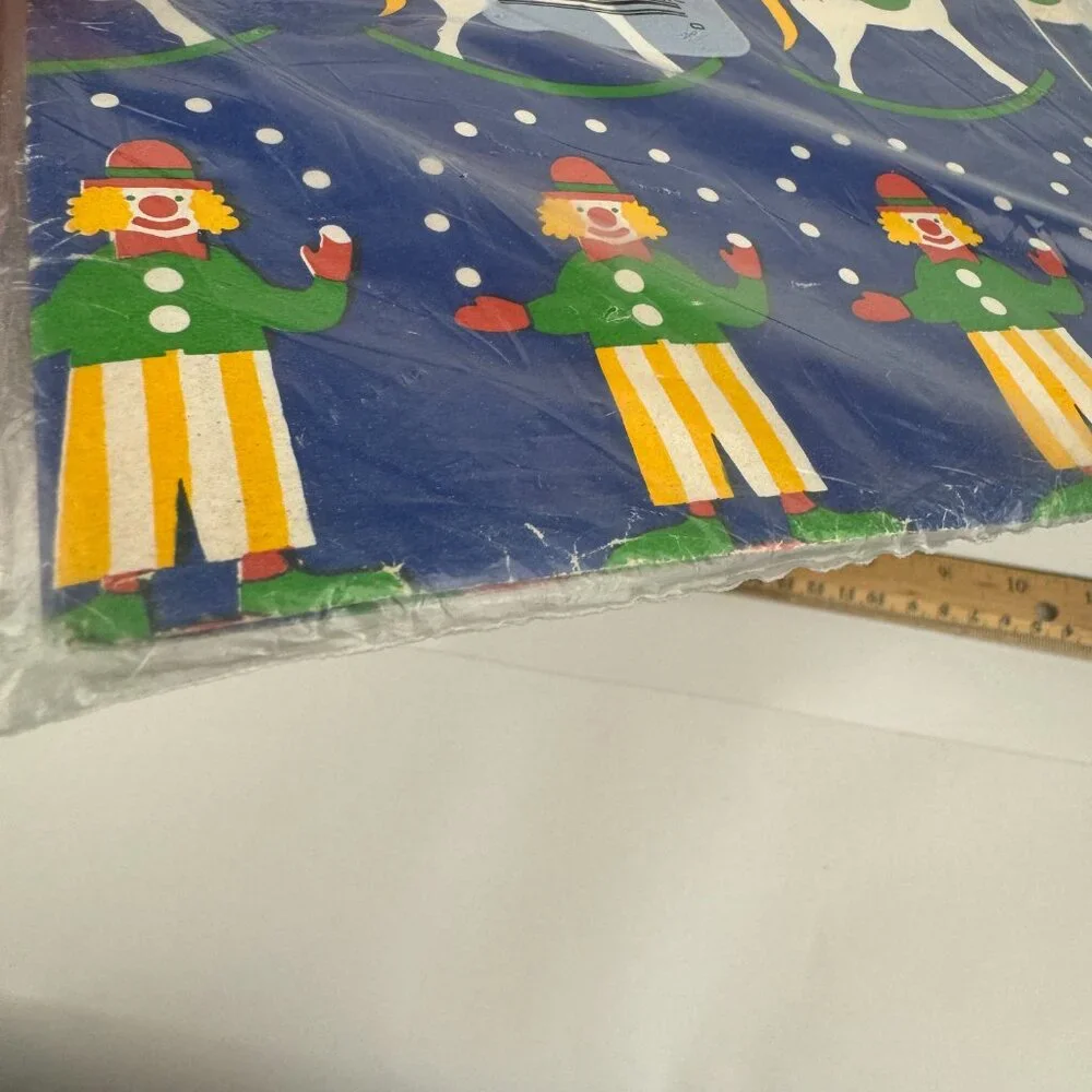 Vtg Child Gift‎ Wrap Company Paper Blue Clowns Trains Horses 2 Sheets in Pack